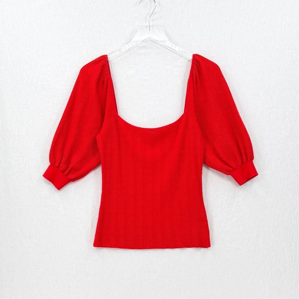 SEZANE Alessia Top Womens Large Red Square Neck Knit Puff Sleeve Sweater French - Picture 4 of 16